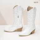 IDIFU White Rhinestone Cowboy Boots for Women Mid Calf Sparkly Western Cowgirl Pointed Toe Low Block Chunky Heel Glitter Country Cute Zipper Dress Booties Wedding Birde Boots (White Rhinestone, 7)