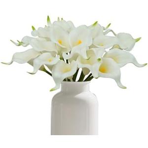 20Pcs PU Calla Lily Artificial Flowers Indoor Fake White Flowers Artificial Realistic Fake Flowers for Wedding Bouquet Home Decoration Faux DIY Party Living Room Bed Room Kitchen (White)