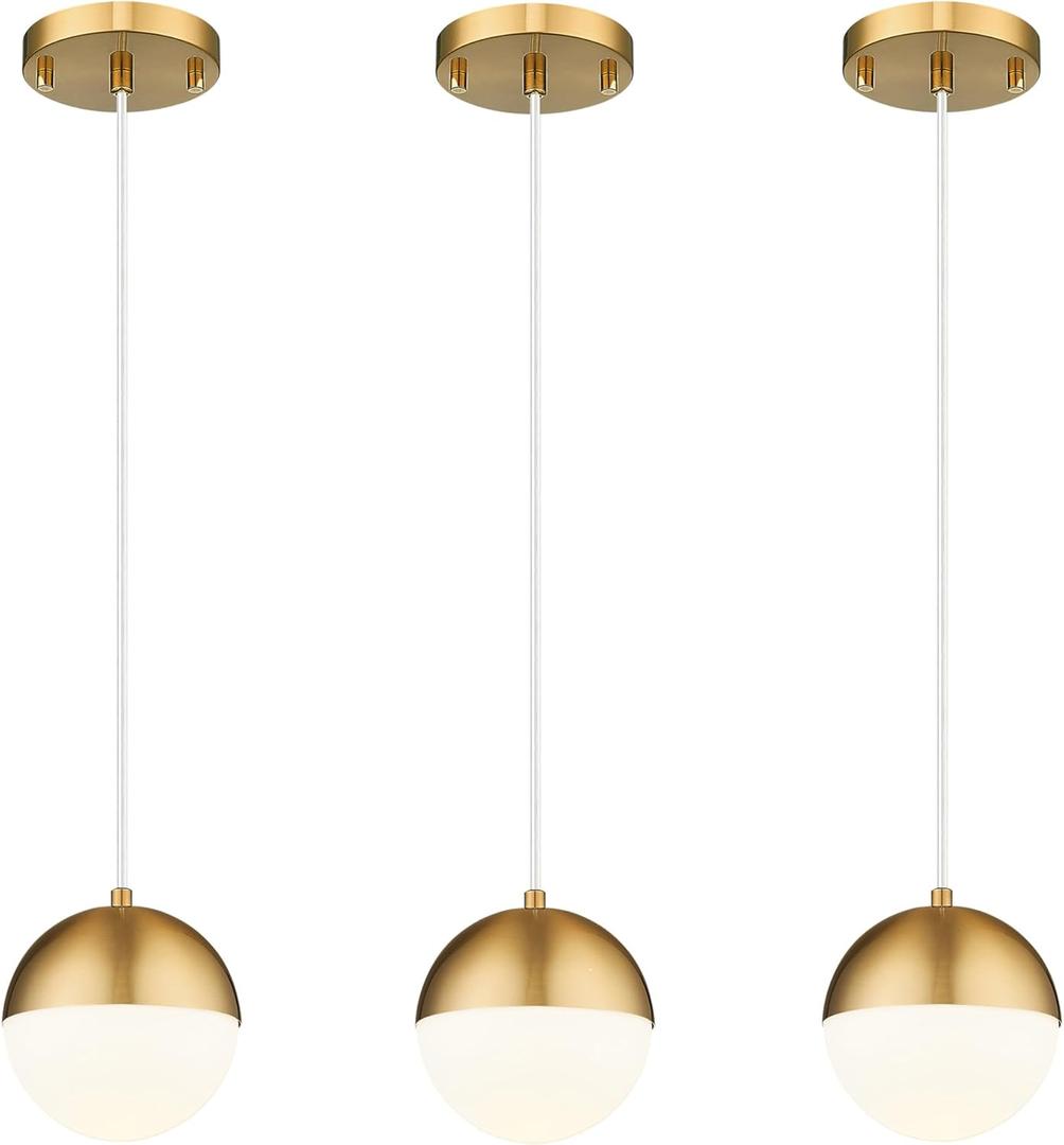 LMS Mid Century Pendant Lights, Brushed Gold Kitchen Island Light Fixtures with White Globe Glass Shade, Adjustable Hanging Cord, 3-Pack for Home Office Dining Room Bathroom, LMS-186PL-BGWS3PK LMS Mid Century Pendant Lights, Brushed Gold Kitchen Island Light Fixtures with White Globe Glass Shade, Adjustable Hanging Cord, 3-Pack for Home Office Dining Room Bathroom, LMS-186PL-BGWS3PK