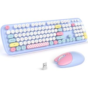 Retro Wireless Keyboard and Mouse Combo, SQMD 2.4G Typewriter Keyboard with Round Colorful Keycaps, Full-Size Office Keyboard and Quiet Mouse for Windows PC, Home, Office, and College - Light Blue