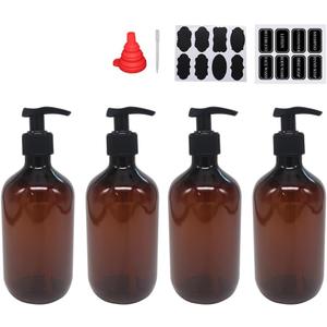 zmybcpack 4 Pack 16 OZ Empty Plastic Pump Lotion Bottles with 1 Pen, Labels & Silicone Funnel, Amber Color Lotion Dispenser With Locking Pump for Body Wash, Shampoo, Massage Lotion, Gel