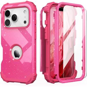 IDweel for iPhone 17 Pro Max Case with Screen Protector for Women, 3 in 1 Shockproof Slim Fit Hybrid Heavy Duty Hard PC Cover Soft Silicone Bumper Full Body Anti-Fingerprint Case, Glitter Rose Red