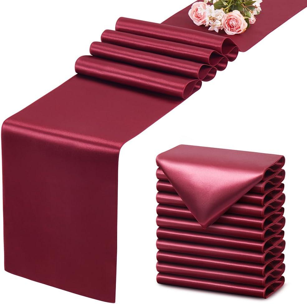 12 Pack Burgundy Satin Table Runner 12x108 Inches Long, Silk-Like Smooth Table Decor for Wedding Birthday Party