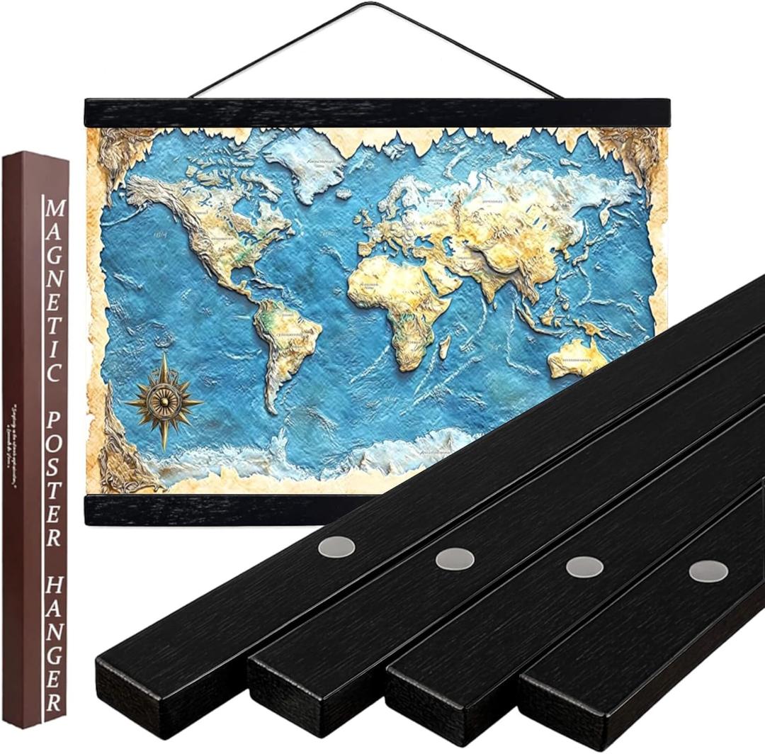 DACRI HOME 55" Magnetic Poster Hanger Frame - Sturdy Teak Wood Poster Frame, Strong Magnets for Easy Hanging Map Picture Canvas Print Scroll Wall Art 55x32 55x39 55x40 (55 Inch, Black)