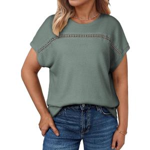 Eytino Plus Size Tops for Women Hollow Out Waffle Knit T-Shirts Crewneck Short Sleeve Casual Loose Basic Tee Blouses(3X)