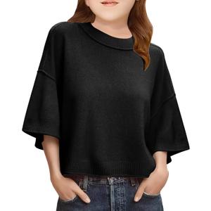 Girls Short Sleeve Sweater Kids Summer Oversized Cropped Sweaters Casual Crewneck Lightweight Knit Tops 5-14Y (Black)