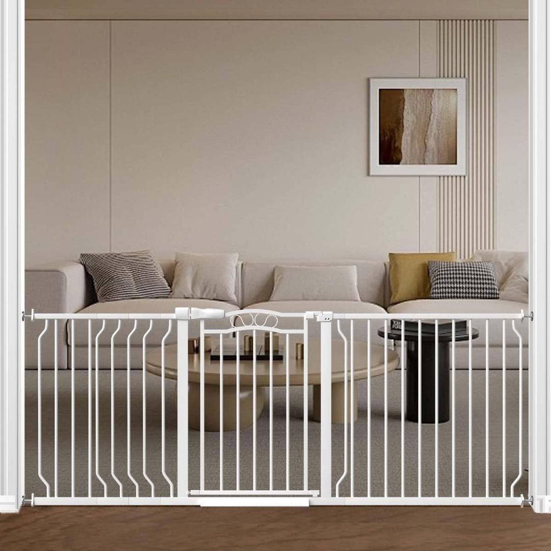 Fairy Baby 71.7"-81.1" Extra Wide Baby Gate with Door, Long Dog Gate for The House Doorway Stairs, Pressure Mounted Safety Gate for Child Kid, Auto Close Metal Pet Barrier with Arch Design, White