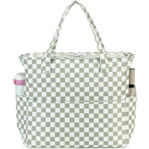 Waterproof Beach Tote Pool Bags for Women Ladies Extra Large Gym Tote Carry On Bag With Wet Compartment for Weekender Travel (Grass Green White Grid)