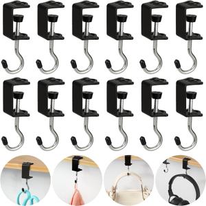 12 Pack Purse Hook for Table Heavy Duty Non-Slip Purse Hook for Desk Adjustable Clamp-on Under Desk Hanger High-Strength Alloy Material for Table for School/Office,Black