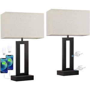 Nightstand Table Lamps for Bedrooms Set of 2 - Touch Bedside Lamp with USB C+A, 3 Way Dimmable Living Room Lamps for End Tables Set of 2, Modern Night Stand Lamps for Bed Side Guest Room(Cream) (Medium(19.6in))