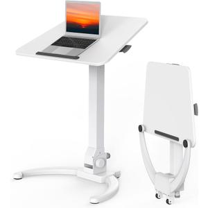 JOY worker Foldable Mobile Standing Desk, Height Adjustable Sit Stand Desk, 90 Tiltable Rolling Laptop Table, Portable Workstation with Wheels Non-Slip Mat for Home Office, Holds Up to 22lbs, White (Height range:29.9-44.9")