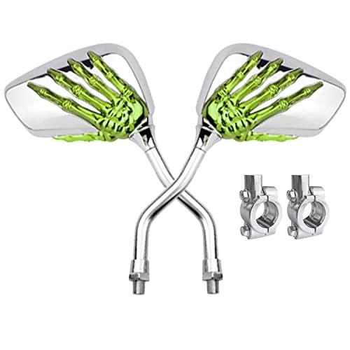 Pairs of Distinctive Skull Skeleton Hand Bike Mirror, Bicycle Mirrors for Handlebars with Mount Holder Clamp Adaptor 10mm for Scooter Moped Bike Standard Bike Motorcycle (Green)
