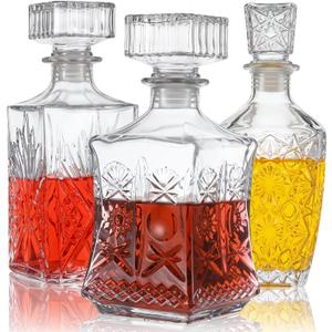 Set of 3 Glass Alcohol Bottle Liquor Decanters Whiskey Decanter for Tequila, Brandy and Vodka Unique Liquor Bar and Party Decorations (28oz*2, 31oz*1)