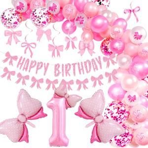 Pink Bow First Birthday Decorations,Coquette One Year Old Party Decors Include Banner Bow and Number Balloons Spiral Decor For Girl 1st Birthday