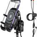 BRCOVAN Motorcycle Fork Stem Phone Mount with Qi 15W Wireless Charger & 36W PD/USB-C Fast Charging Port, Anti-Theft Motorcycle Phone Holder with Vibration Dampener for 5.4''-7.2'' Cellphones