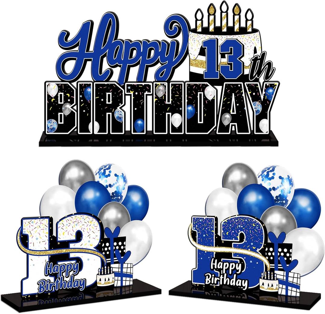 LINGTEER Happy 13th Birthday Blue Acrylic Table Topper Centerpieces Set - Cheers to Thirteen Years Old Birthday 13th Bday Party Gift Decorations