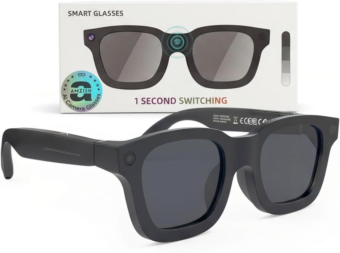 Ai Smart Glasses with Camera, Electrochromic Lens, 8MP HD Anti-Shake Bluetooth Camera Glasses, 1080p Video Recording, Real Time Translation Open Earbuds , Voice Assistant, Sunglasses for Men Women (Black)