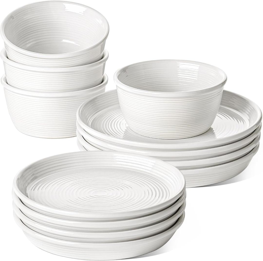 LE TAUCI Ceramic Plates and Bowls Set for 4, 12-Piece Ceramic Dinnerware Set, Farmhouse Dishes Set, Microwave & Dishwasher Safe, Stackable, 10" Dinner+8" Salad Plates+6" Bowls, White