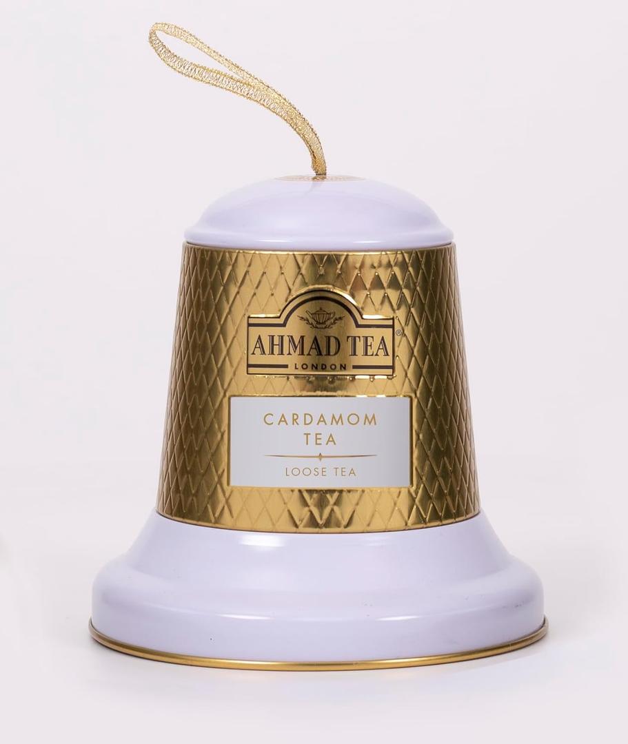 Ahmad Tea Gold and White Ornament Bell, Holiday Gifting, Contains Festive Spice Cardamom Loose Leaf Tea