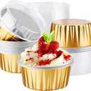EUSOAR Disposable Ramekins Aluminum Foil, Gold 25Packs 5oz Baking Cups with Lids Mini Muffin Liners, Dessert Cheesecake Pan Oven Safe Creme Brulee Cupcake Containers for Catering Club Wedding Party (25pcs)