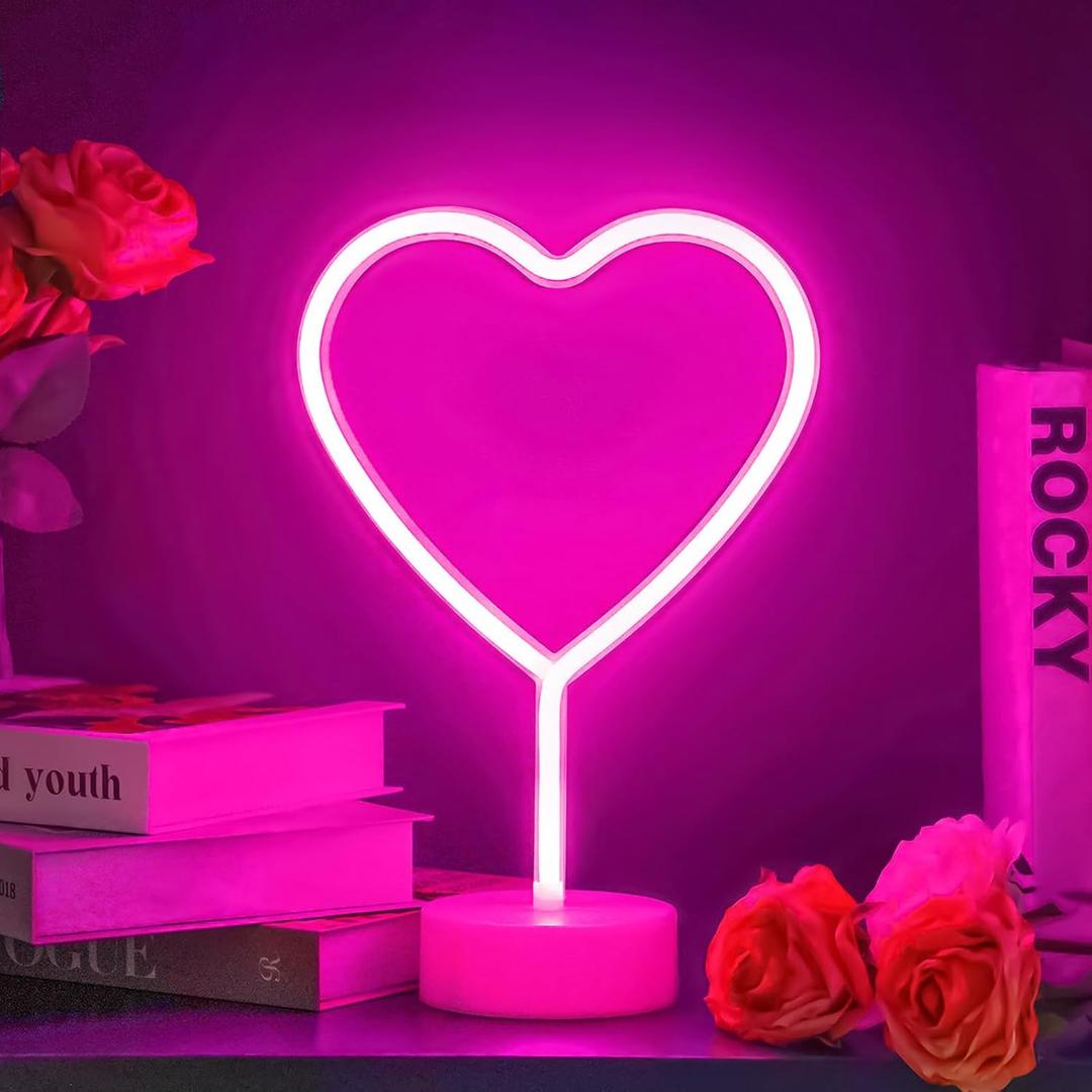 BHCLIGHT Pink Heart Neon Sign, Valentines Day LED Neon Light Battery Operated or USB Powered Valentines Pink Heart Lights, Table Lamp for Galentines Day Decorations, Wedding, Gifts for Women, Lover