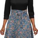 PerZeal Women's Casual Flowy A-Line Midi Dress Flared V-Neck Colorblock Print for Wedding Guest 3/4 Sleeve Dress with Belt