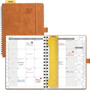 POPRUN 2026-2027 Monthly Planner, 6.5" x 8.5", 18 Month Calendar (July 2026 to December 2027) with Expense Tracker, Notes Pages, Sprial Bound, Leather Softcover - Brown