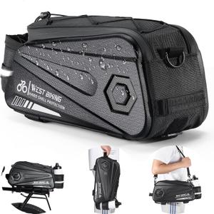 West Biking Bike Rear Seat Bag, Double Water Resistant, Zipper, Bicycle Trunk Pannier, 8.6L Capacity Waterproof Backseat Carrier Cargo Pouch with Strap & Rain Cover For Cycling