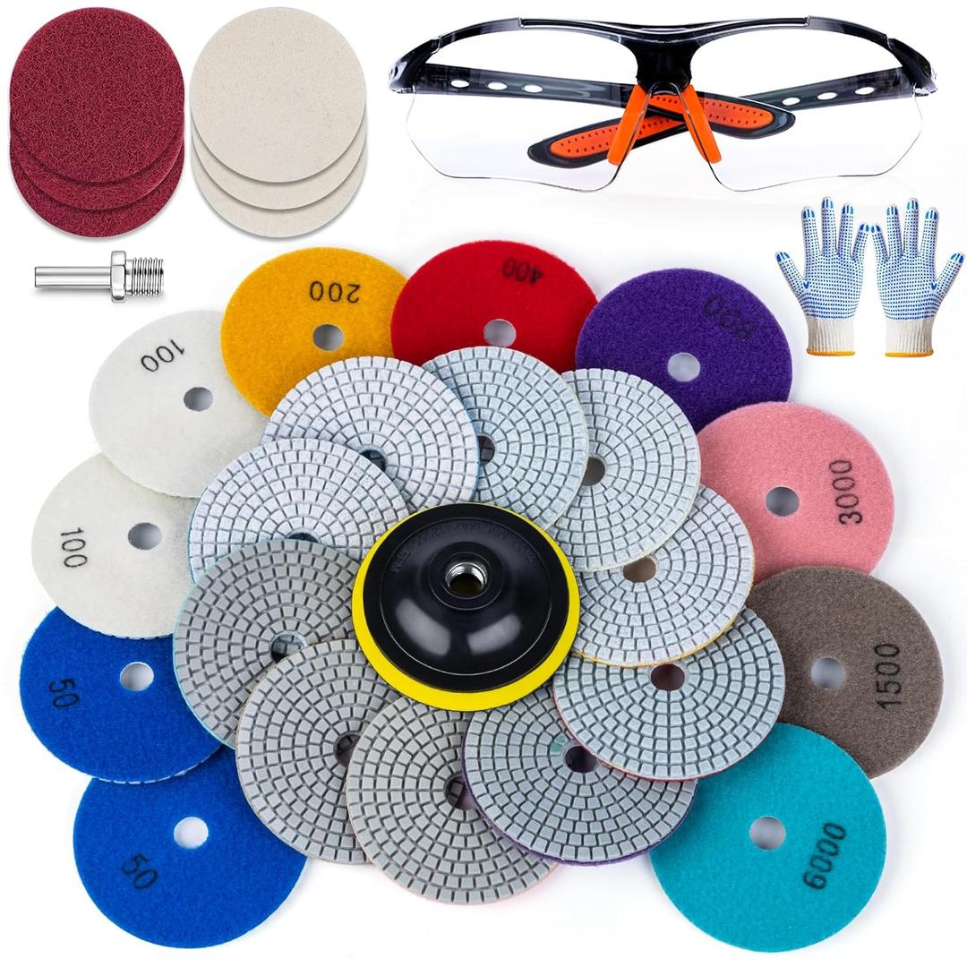 20 Pack 4 Inch Diamond Polishing Pads, Granite Polishing Pads Kit with 5/8''-11 Backer Pad, 50-6000 Grit Wet/Dry Polishing Pads for Marble, Concrete, Quartz, Stone, Tile with Wool Felt Pads