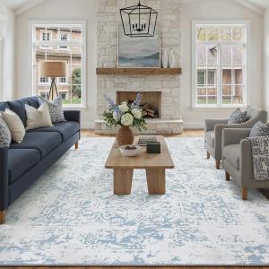 8x10 Fluffy Area Rug Blue Shag Neutral Carpet for Living Room Soft Medium Pile Floral Large Rug for Bedroom Dorm Office Dining Room Kitchen Nursery Modern Decor