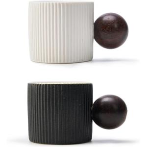 CLASGLAZ Ceramic Mini Espresso Cups Demitasse Cups with Round Wooden Handle Vertical Stripes Tea Cups (Black/White, 2pcs)
