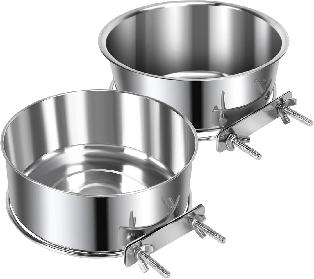2 Pcs Medium Pet Dog Food Water Bowl for Cage Stainless Steel Non-Spill Kennel Detectable Hanging Cats Pets Bowls with Clamp Holder Crate Feeder Dish for Medium Dogs (5.5x2.3'' & 6.3x2.6'') (Silver)