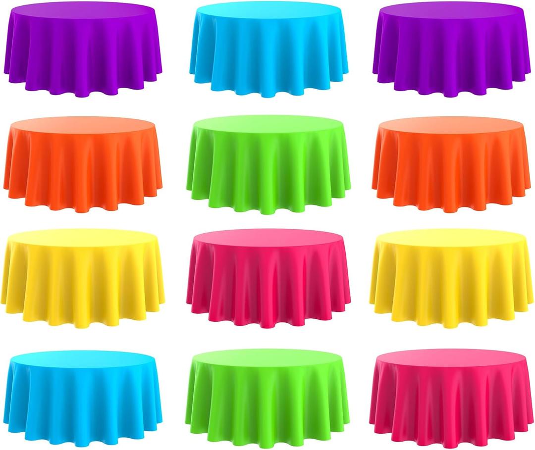 Oudain Round Tablecloth 84 Inch Premium Plastic Table Cloth Disposable Table Covers Waterproof Tablecloths for Party Dinner Birthday Camping Picnic (Bright Color, 12 Pack)