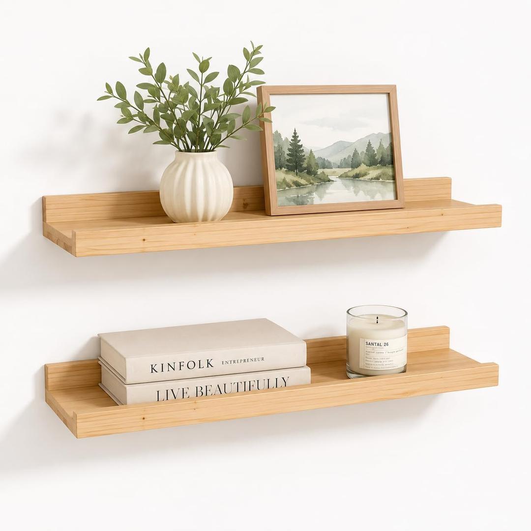 Floating Shelves for Wall, Solid Rubberwood & Pine Picture Ledge with Front Lip, Wall Mounted Shelves, Easy Installation (2pc Solid rubberwood, 23.6" L x 4.7" W x 1.7" H)