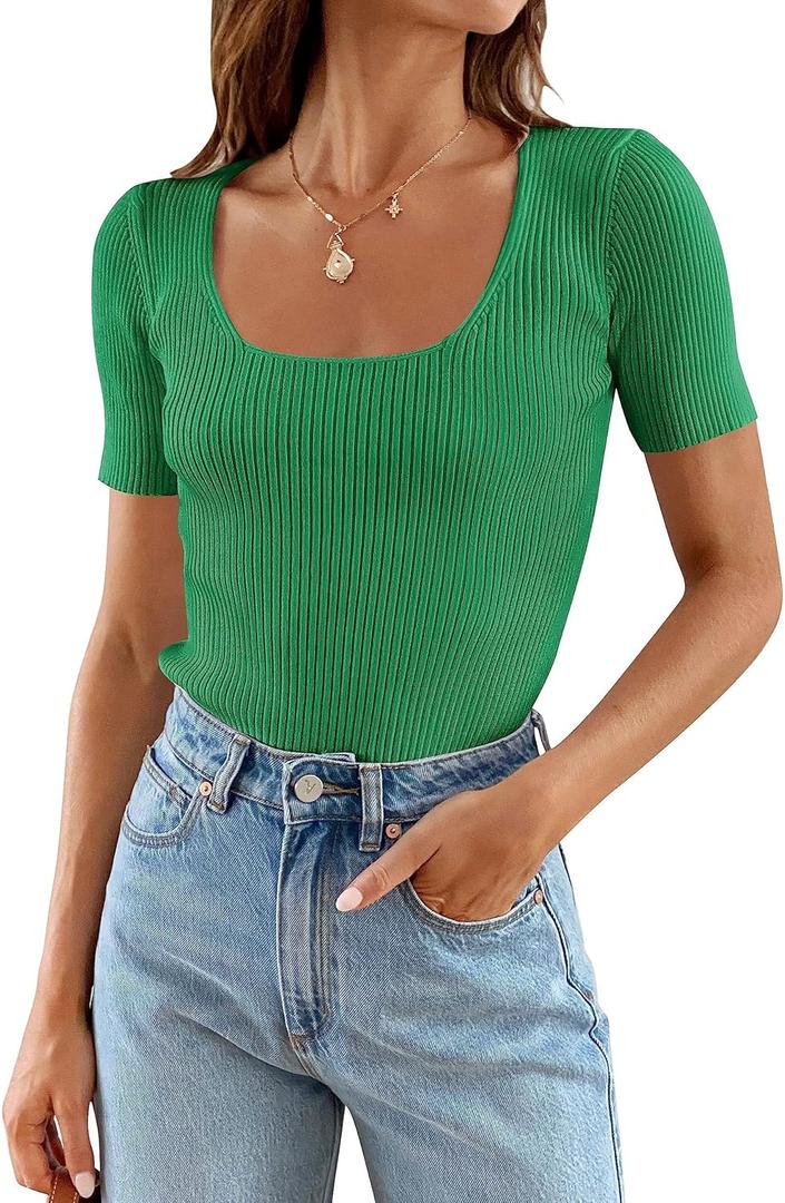 ZESICA Women's 2025 Short Sleeve Square Neck T Shirts Slim Fitted Summer Ribbed Knit Basic Casual Tee Tops (Medium, Green)
