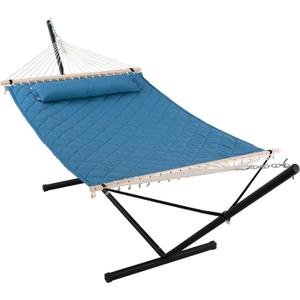 ANOW Double Hammock with 12 Feet Heavy Duty Steel Stand Combo, 2 Person Quilted Hammock with Stand for Outside, 450 LBS Weight Capacity, Blue