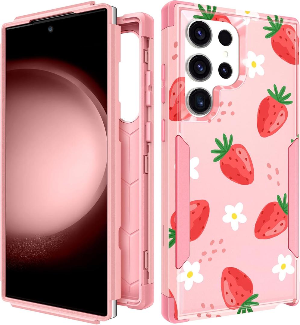 for Samsung Galaxy S24 Ultra Case - Women Cute Girls Phone Cover Girly Aesthetic Unique Design Teen Kawaii Strawberry Heavy Duty Protective Hard Shockproof Military Grade Funda for S24 Ultra