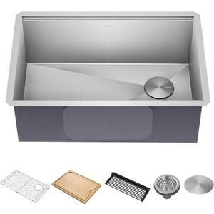 KRAUS Kore 28-Inch Undermount Workstation 16 Gauge Single Bowl Stainless Steel Kitchen Sink with Accessories, KWU110-28
