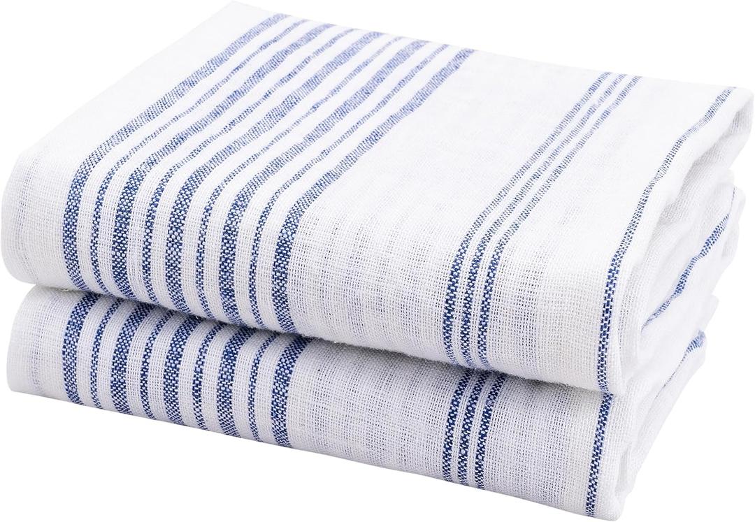 Blue Kitchen Towels Set of 2, 100% Pure Linen, Blue Hand Towels, French Striped Dish Cloths for Washing Dishes, Navy Dishtowels, Farmhouse Tea Towels for Kitchen, Tea Towels Halloween 18 x 28