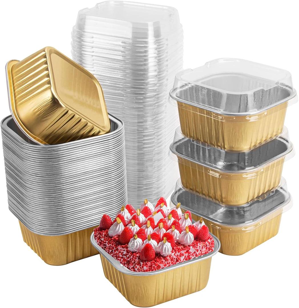 50 Pcs Mini Square Baking Cups with Lids, 5oz Aluminum Foil Mini Cake Pans with Lids, Disposable Ramekins Cake Pans, 150ml Dessert Cups Cupcake Pans for Wedding Birthday Party, Gold