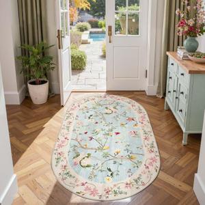 Jinchan Floraison Floral Oval Rug for Entryway 3x5 Washable Oriental Flower Design Soft Non Slip Lightweight Low-Pile Chinoiserie Throw Carpet for Bedroom Living Kitchen Room Home Blue/Pink