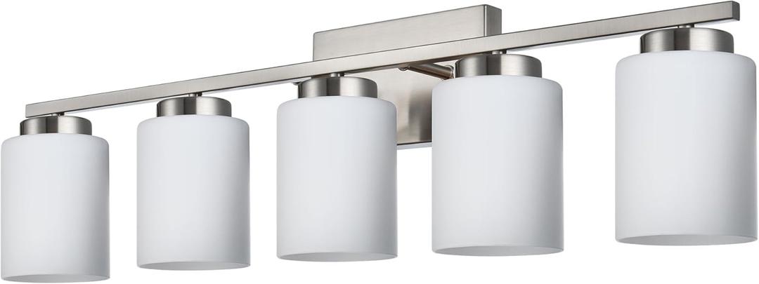 VINLUZ Brushed Nickel 5 Light Bathroom Light Fixtures Metal Base Wall Mount Lighting with Milky White Frosted Glass Shade Bath Wall Sconces for Mirror,Hallway,Bedroom