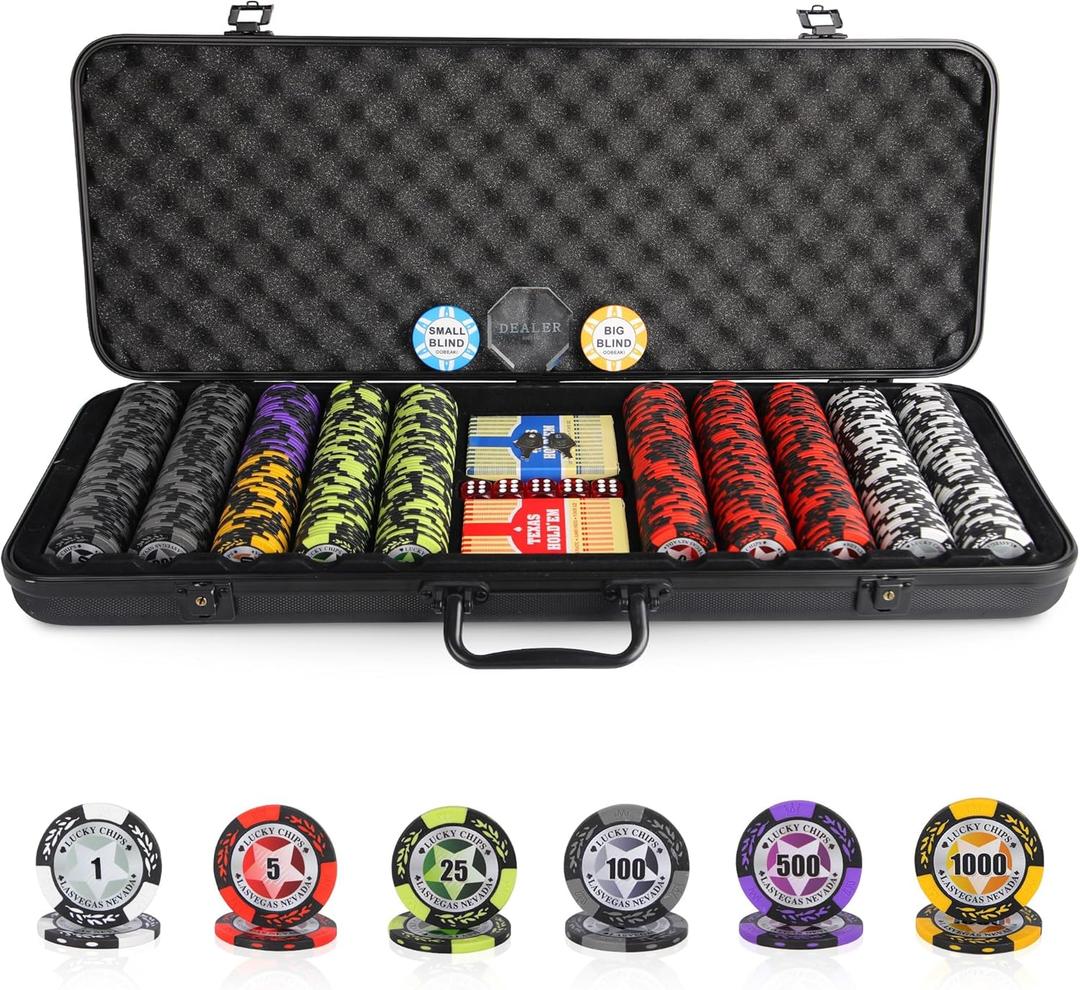 ORIENGEAR Poker Chip Set with Denominations, 500 PCS 14 Gram Clay Composite Casino Chips with ABS Case & 2 Decks of Plastic Cards, for Texas Holdem Blackjack Gambling Games