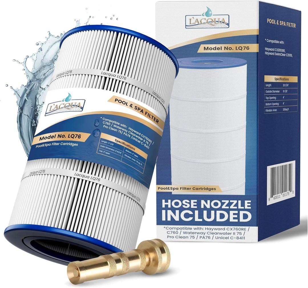 LACQUA Pool Filter Cartridge LQ76 75 SqF Replaces Hayward CX760RE, C760, Waterway Clearwater II 75/ Pro Clean 75/ PA76/ C751/ B6-M, Unicel C-8411, FC-1256, PXC75 Hose Nozzle Included