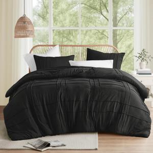 Comfort Spaces Black Cal King Size Comforter Set - 3 Pieces Pintuck Pleated Bedding Sets, All Season Lightweight, Extra Softness Pre-Washed Microfiber Cal King Bed Set, Shams, Cal King
