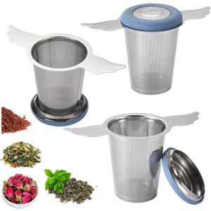 3Pcs Extra Fine Mesh Tea Infuser Steeper Basket with Lid/Drip Tray for Loose Leaf Tea Rooibos, 304 Stainless Steel Tea/Coffee Strainer Filter with Big Capacity Extended Handles, Fit Cup/Teapot/Jar