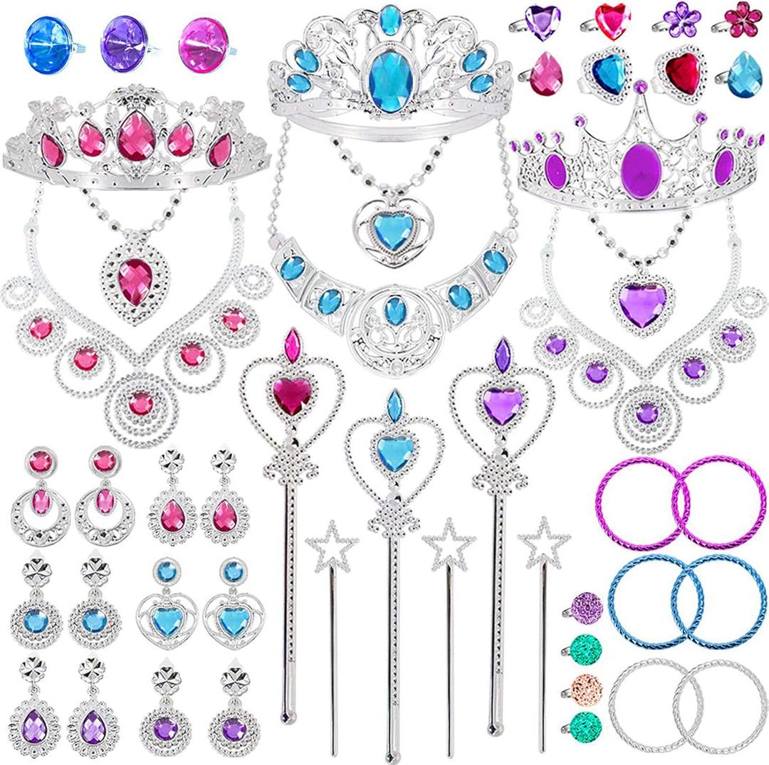 Princess Pretend Jewelry Toy 48 Pcs Jewelry Dress Up Play Set for Girls Included Tiaras Necklaces Wands Rings Earrings and Bracelets, Kids Play Jewelry Set for Girls