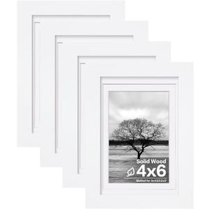 Egofine 4x6 Picture Frames Set of 4, Made of Solid Wood Covered by Plexiglass 3.5x5 with Mat or 4x6 without Mat, for Table Top Display and Wall Mounting Photo Frame White