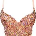 Women's Bustier Crop Top Mesh Corset Top Push up Rhinestone Diamond Bra Club Party Vest (Beige, S)