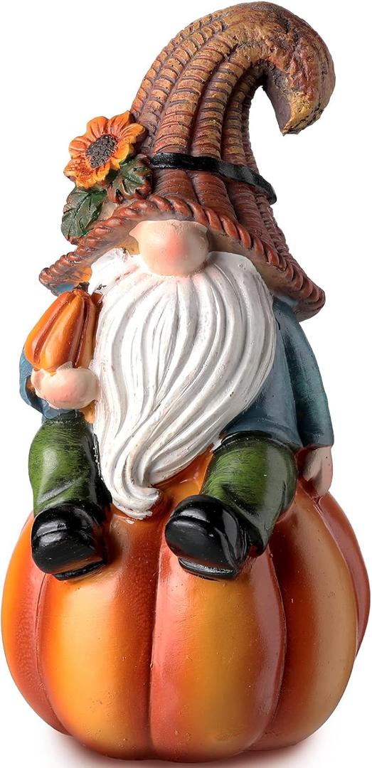 Jetec Fall Thanksgiving Gnome Statue Pumpkin Gnome Decoration White Beard Figurine Autumn Resin Dwarf Elf Statue for Porch Garden Outdoor Yard Fall Thanksgiving Decorations, 6.7 Inch Tall(Elegant)